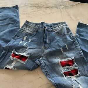 Never worn jeans with patches of plaid
